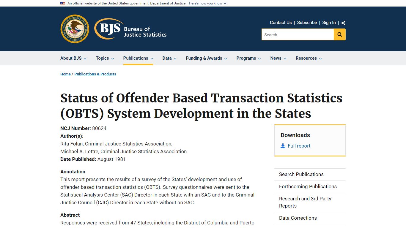 Status of Offender Based Transaction Statistics (OBTS) System ...